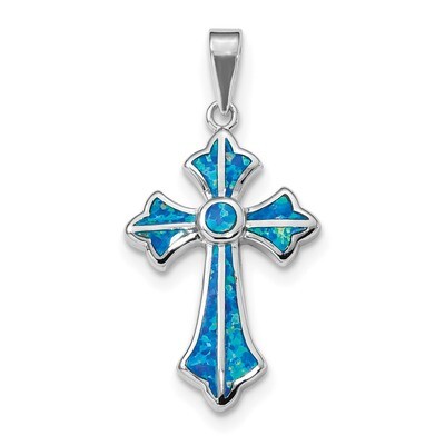 Blue Inlay Created Opal Cross Pendant Sterling Silver Rhodium-plated QP4880, MPN: QP4880, 886774105…