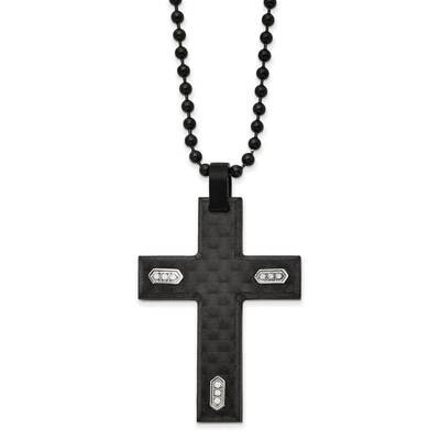 Black Ip &amp; Carbon Fiber with CZ Diamond Cross 24 Inch Necklace Stainless Steel Brushed SRN2961-24 b…