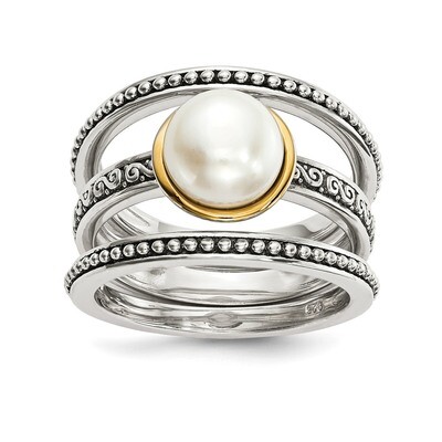 Antiqued 8mm Button Cultured Freshwater Pearl Set of 3 Rings Sterling Silver with 14k Gold QR6752, …