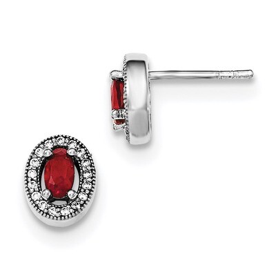 Red &amp; White CZ Diamond Oval Stud Earrings Sterling Silver Rhodium-plated QE12559, MPN: QE12559, 883…