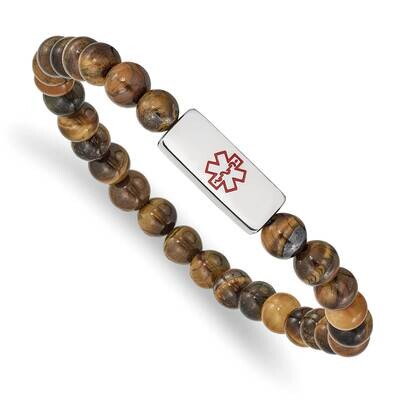 Medical Id Tiger&#39;s Eye Bead Stretch Bracelet Stainless Steel Polished SRB2621, MPN: SRB2621, 191101…