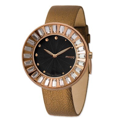 Moog Crystal Bezel Black Dial Watch with (ME-GRG) Brown Band - Rose-plated, MPN: XWA3656,