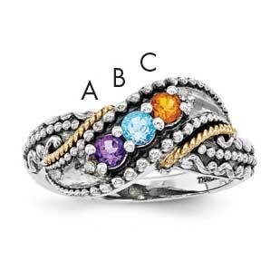 Three-Stone and Diamond Mother&#39;s Ring Sterling Silver &amp; 14k Gold QMR40/3SY-10, MPN: QMR40_3--6,