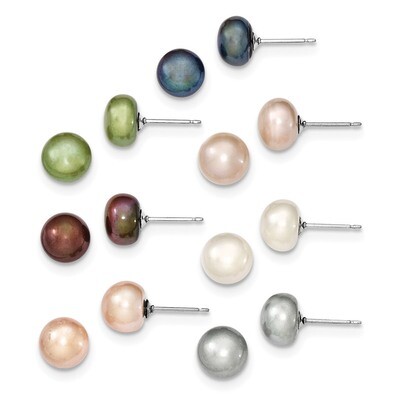 Set of 7 Pairs 8-9mm Cultured Freshwater Pearl Studs Earring Sterling Silver Rhodium QE12886SET, MP…