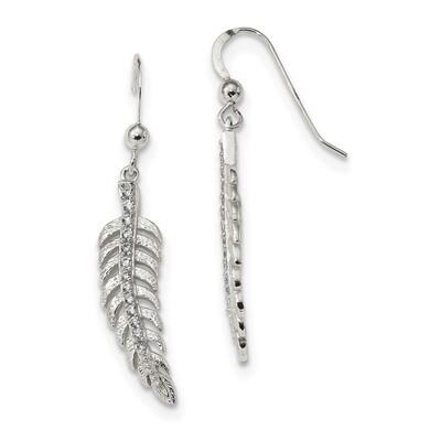 Textured CZ Diamond Feather Shepherd Hook Earrings Sterling Silver QE13486, MPN: QE13486, 191101233…