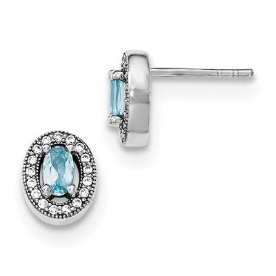 Light Blue &amp; White CZ Diamond Oval Stud Earrings Sterling Silver Rhodium-plated QE12555, MPN: QE125…