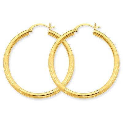 Satin &amp; Diamond-cut 3mm Round Hoop Earrings 10k Gold 10TC293, MPN: 10TC293, 883957896915