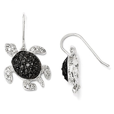 Cheryl M Black and White Cubic Zirconia Turtle Shepherd Hook Dangle Earrings Sterling Silver QCM807…