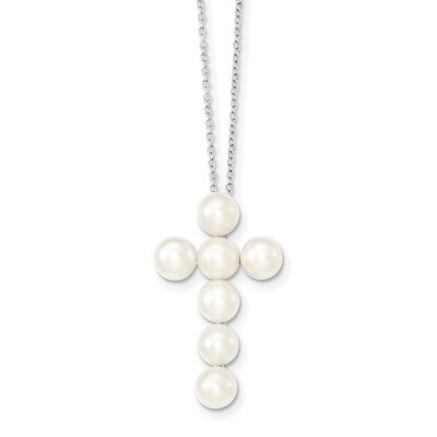6-7mm White Cultured Freshwater Pearl Cross Necklace 17 Inch Sterling Silver Rhodium-plated QG4100-…