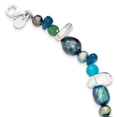 7.75 Inch Aventurine, Blue Quartz &amp; Cultured Pearl Necklace Sterling Silver QH4639-7.75, MPN: QH463…
