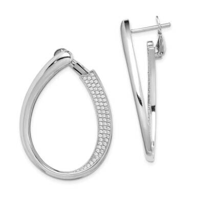 Pave Front and Back Oval Hoop Earrings Sterling Silver Rhodium-plated CZ Diamond QE15389, MPN: QE15…