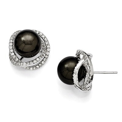 10-11Mm Black Shell Bead &amp; CZ Post Earrings Sterling Silver QMJE111B, MPN: QMJE111B, 886774293714