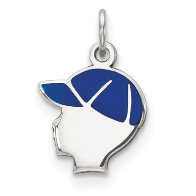Blue Enamel Left Facing Boy Head Disc Charm Sterling Silver Rhodium-plated Engravable QM532, MPN: Q…