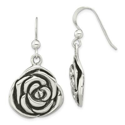 Antiqued Rose Dangle Earrings Sterling Silver Polished QE15707, MPN: QE15707, 196904153871