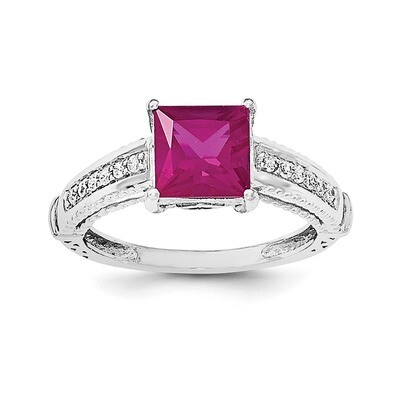 Synthetic Ruby &amp; CZ Diamond Ring Sterling Silver Rhodium-plated QR6322, MPN: QR6322,