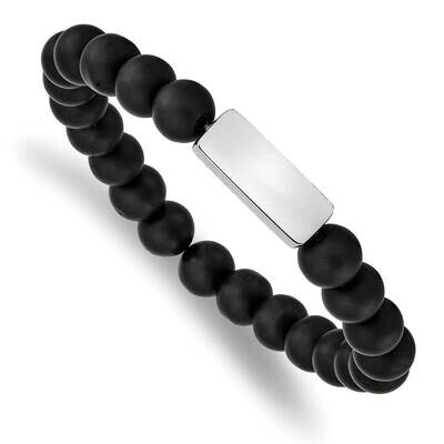 Id Plate Black Agate Bead Stretch Bracelet Stainless Steel Polished SRB2542, MPN: SRB2542, 19110186…