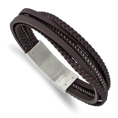Brown Braided Leather &amp; Wire with .5 Inch Extender Bracelet Stainless Steel Brushed SRB2997-8.25, M…