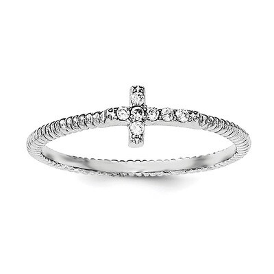 Textured CZ Cross Ring Sterling Silver Rhodium-plated polished QR6202-6, MPN: QR6202, 886774258218