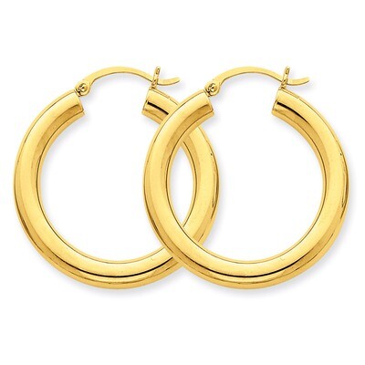4mm x 30mm Tube Hoop Earrings 14k Gold Polished T949, MPN: T949, 883957288086