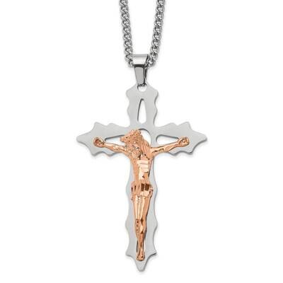Rose Ip-Plated Cutout Crucifix 24 Inch Necklace Stainless Steel Polished SRN2782-24 by Chisel, MPN:…