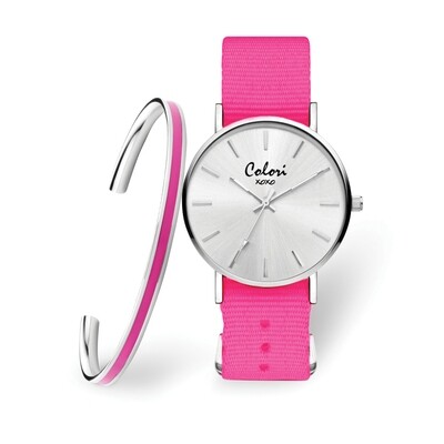Colori Silver Hot Pink Nylon Strap Watch &amp; Bangle Set  XWA5992, MPN: XWA5992, 871974315700