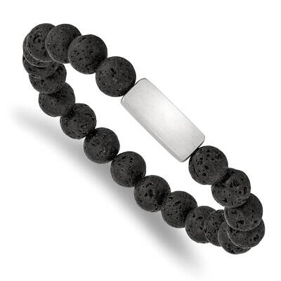 Id Plate Black Lava Rock Bead Stretch Bracelet Stainless Steel Brushed SRB2538, MPN: SRB2538, 19110…
