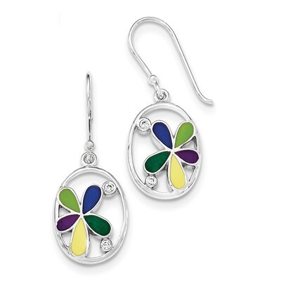 Enameled &amp; CZ Shepherd Hook Earrings Sterling Silver QE12523