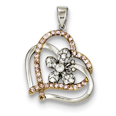Sterling Silver Flash Gold Plated Pink &amp; Clear Diamond Heart Flower Pendant QP2416
