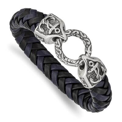Polished Black Blue Leather 8.25 Inch Bracelet Stainless Steel Antiqued SRB2456-8.25, MPN: SRB2456-…