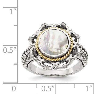 Mother of Pearl and Diamond Ring Sterling Silver &amp; 14k Gold Antiqued QTC1163, MPN: QTC1163, 1911013…
