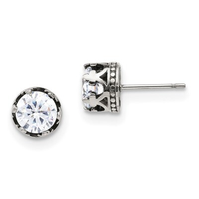 Crown with Diamond CZ Post Earrings Stainless Steel Antiqued and Polished SRE1194 by Chisel, MPN: S…