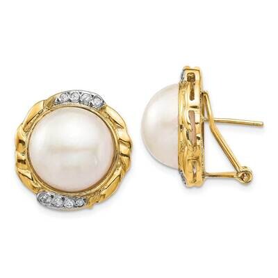 13-14mm White Freshwater Cultured Mabe Pearl .16ct Diamond Omega Back Earrings 14k Gold XF688E, MPN…