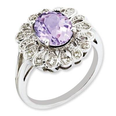 Diamond &amp; Oval Checker-Cut Pink Quartz Ring Sterling Silver Rhodium-plated QR3028PQ-7, MPN: QR3028P…