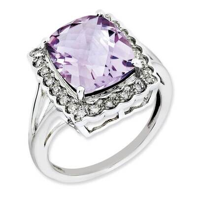 Diamond &amp; Checker-Cut Pink Quartz Ring Sterling Silver Rhodium-plated QR3031PQ-10, MPN: QR3031PQ-10…