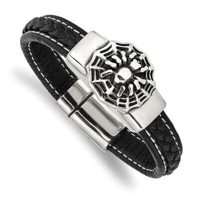 Polished Spider Black Faux Leather 8.5 Inch Bracelet Stainless Steel Antiqued SRB2788-8.5, MPN: SRB…