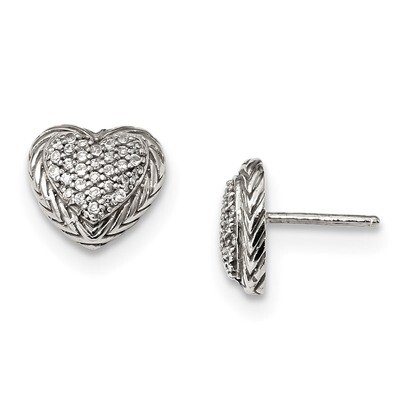 CZ Diamond Textured Heart Post Earrings Sterling Silver QE13072, MPN: QE13072,
