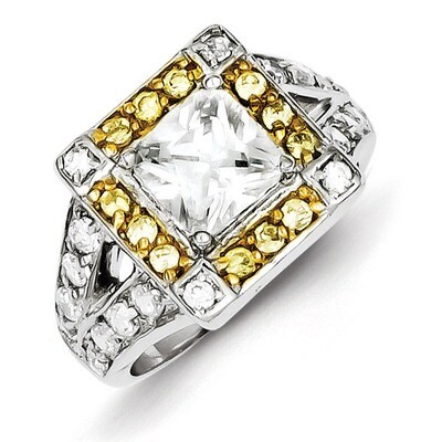 Yellow &amp; Clear Cz Ring Sterling Silver QR2043-6