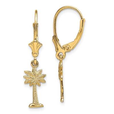 Mini Palmetto Palm Tree Leverback Earrings 2-D Textured 14k Gold TF1843, MPN: TF1843, 637218177554