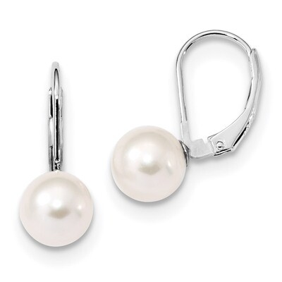 8-9mm Round Cultured Freshwater Pearl Leverback Earrings Sterling Silver Rhodium-plated QE13897, MP…