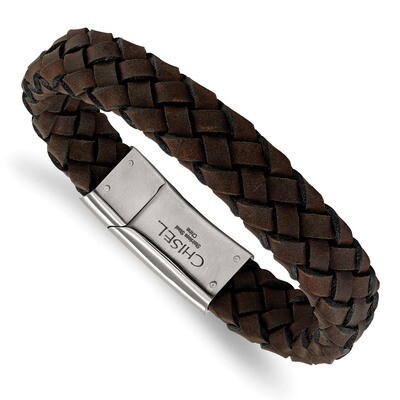 Brown Leather Bracelet Stainless Steel Brushed SRB2248-8.25 by Chisel, MPN: SRB2248-8.25, 191101014…