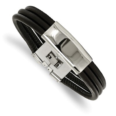 Black Leather ID Bracelet Stainless Steel Polished SRB2136-8 by Chisel, MPN: SRB2136-8, 191101604348