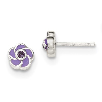 Purple CZ Diamond Enamel Flower Post Earrings Sterling Silver Polished QE12236, MPN: QE12236, 88395…
