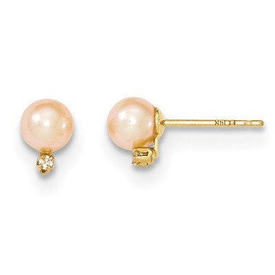 5-6mm Round Pink Fresh Water Cultured Pearl Diamond Post Earrings 14k Gold XF511E, MPN: XF511E, 191…