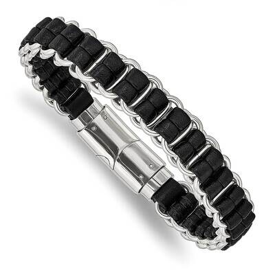 Black Leather 8.5 Inch Bracelet Stainless Steel Polished SRB2969-8.5, MPN: SRB2969-8.5, 191101859700