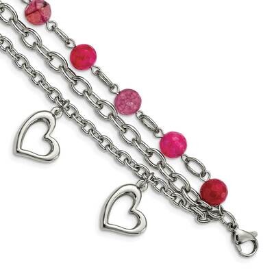 Pink Agate Hearts Bracelet Stainless Steel SRB1448-7.75 by Chisel, MPN: SRB1448-7.75, 191101391330