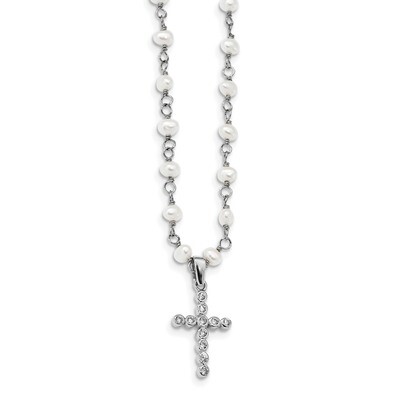 4-5mm White Cultured Freshwater Pearl CZ Diamond Cross Necklace 21 Inch Sterling Silver Rhodium-pla…