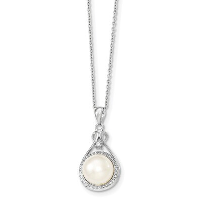 10-11mm White Cultured Freshwater Pearl CZ Diamond Necklace 17 Inch Sterling Silver Rhodium-plated …