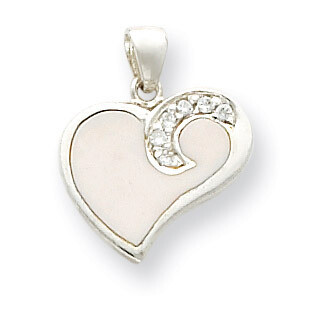 CZ and White Enameled Heart Pendant Sterling Silver QP584