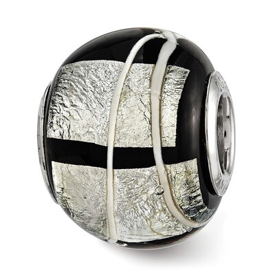 Foil White Striped Black Glass Bead Sterling Silver QRS3840, MPN: QRS3840,