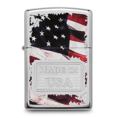 Zippo High Polish Chrome Made In USA Flag Lighter GM25871, MPN: GM25871, 191693054491